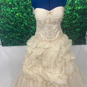 Description: Embellished, Strapless, ruffled tiered layer dress.Quinceanera